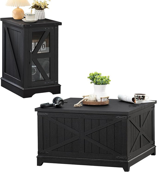 Farmhouse Coffee Table Sets 2 Pieces, Narrow Night Stand with Glass Barn Door Storage, Large Coffee Tables with Hidden Storage Organizer, Wood Furniture Sets for Living Room, Office, Black