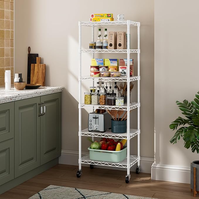 Small 6 Tier Shelf Storage Wire Shelving Unit Metal Shelves Adjustable Organizers Storage Shelving with Wheels for Bathroom Laundry Room Kitchen Pantry12”D x 18”W x 61.6”H White