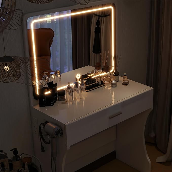 Vanity Desk, Makeup Vanity with LED Light Mirror, Small White Vanity with a Super Large Drawer and Power Outlet, 3 Color Lighting Modes Makeup Table for Bedroom, Dressing Room