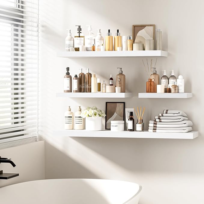 Fun Memories Floating Shelves - 2 Pack 12 Inch Deep Rustic Wooden Wall Shelves - Extra Deeper & Thicker Wall Mounted Storage Shelf for Living Room, Kitchen, Farmhouse - 16" W x 12" D x 1.5" H - White