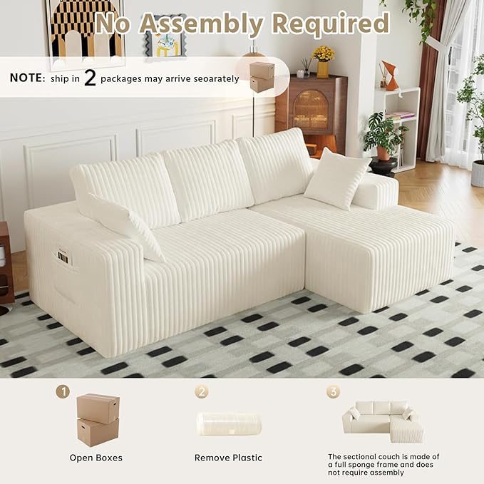 94" Cloud Sectional Couch with L-Shape Chaise,4 Seat Modern Modular Sofa with Side Pockets,Upholstered Couches for Living Room Bedroom, Boneless Couch,No Assembly Required