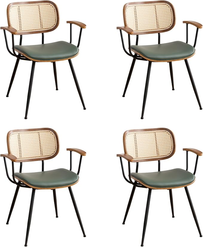 Rattan Dining Room Chairs Set of 4,Mid Century Modern Kitchen Side Chairs,Metal Legs Desk Chair,Faux Leather Accent Chair with Arms and Rattan Backrest Green PU
