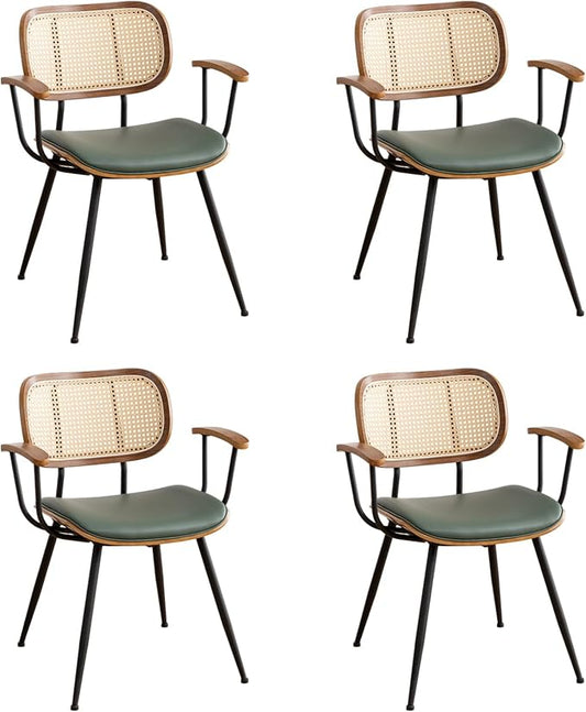 Rattan Dining Room Chairs Set of 4,Mid Century Modern Kitchen Side Chairs,Metal Legs Desk Chair,Faux Leather Accent Chair with Arms and Rattan Backrest Green PU