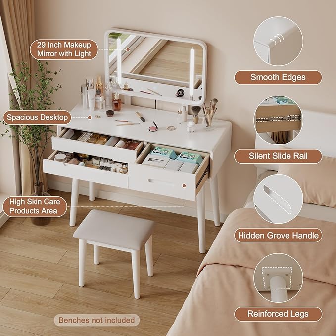 Solid Wood Vanity Desk with Mirror and Lights,Adjustable Height and Brightness, Makeup Vanity with 3 Drawers,Semi-Assembled,Dressing Table for Bedroom (White)