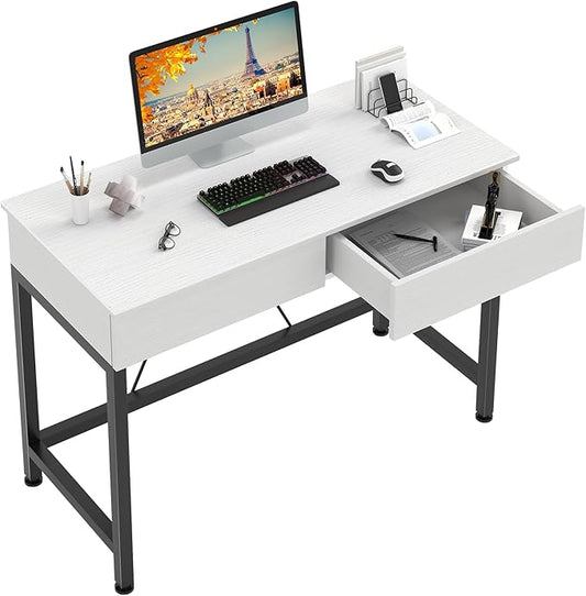 CAIYUN 40Inch Computer Desk with 2 Wooden Drawers, Small Desks for Home Office with Storage,Vanity Desk for Bedroom, Gaming Desk for Small Spaces, Simple Kids Study Writing Desk Table (White, Wooden)