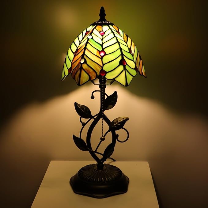 Small Tiffany Lamp Brown Green Coconut Leaves Style Stained Glass Table Lamps Desk Bedside Reading Light 8X8X18 Inches with Bronze Metal Leaf Resin Base