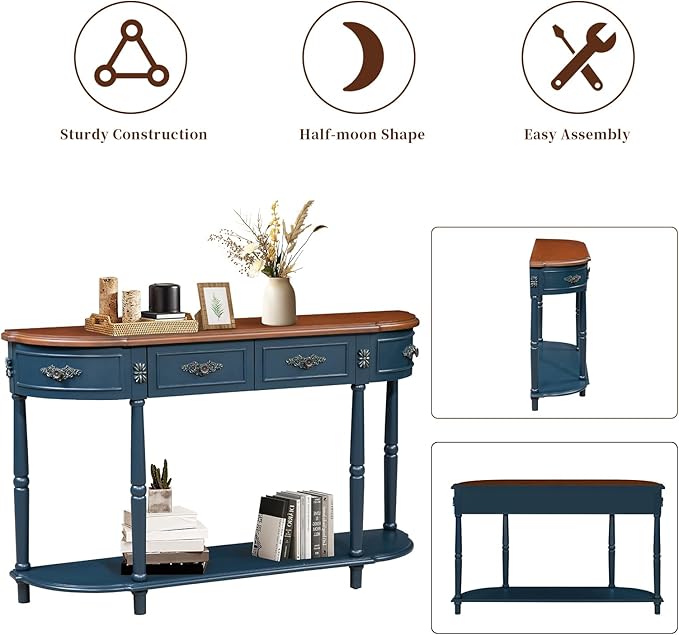 HMFULE Retro Curved Console Table, 52" Half Moon Sofa Entryway With 2 Drawers 1 Open Shelf, Solid Pine Legs for Living Room, Hallway, Navy Blue