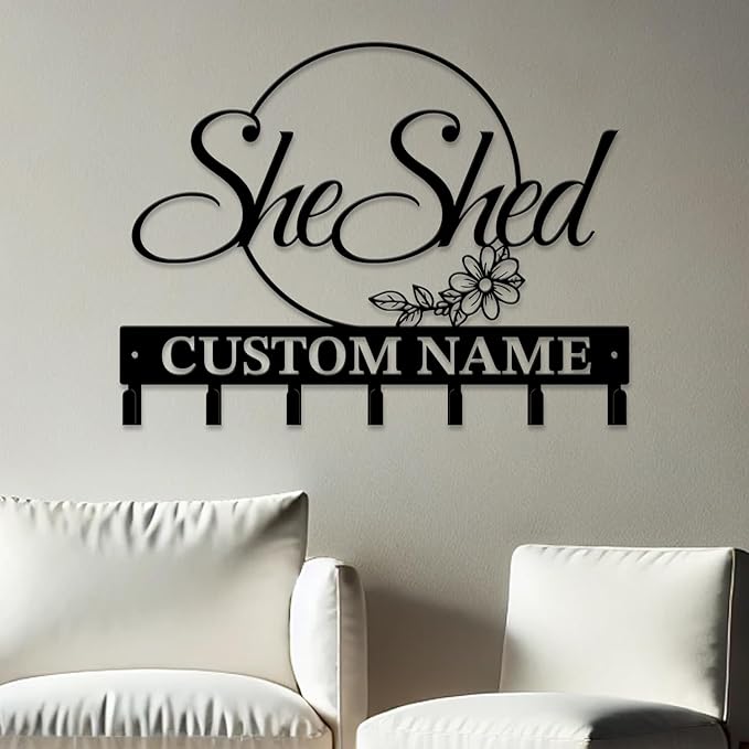 Personalized She Shed Keys Hooks,Custom Name Metal She Shed Art Keys Hooks,Metal She Shed Lover Wall Home Storage Decorative Keys Hooks,Key Holder Hooks for Wall (Style G)