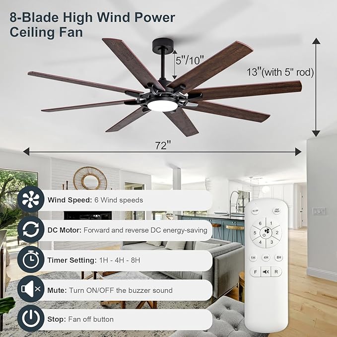 BOOMJOY 72 Inch Large Ceiling Fans with Lights, Black Ceiling Fan with Remote and Quiet Reversible DC Motor, Indoor/Outdoor Modern Ceiling Fan with Light for Living Room, Bedroom, Big Farmhouse