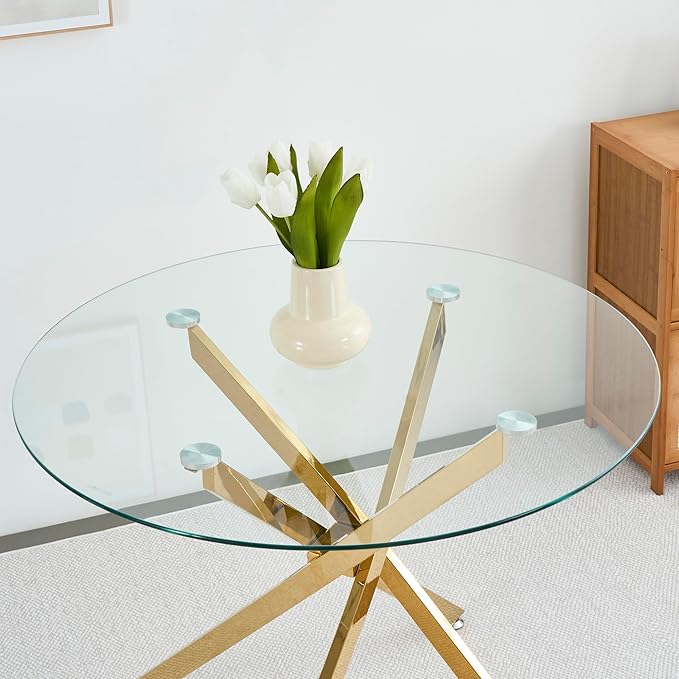 36" Round Glass Dining Room Table for 4 with Tempered Glass Top and Gold Chrome Metal Legs, Modern Clear Kitchen and Dinner Table for Home Office Dining Room