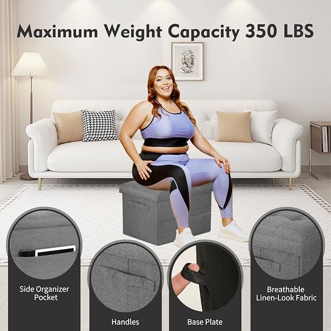 Storage Ottoman. Foot Rest Stool with Thicker Foam Padded Seat. Linen Footstool Storage Bench, 350 lbs Folding Bench Small Ottoman for Living Room, Bedroom, Coffee Table. 17x13x13in, Dark Gray