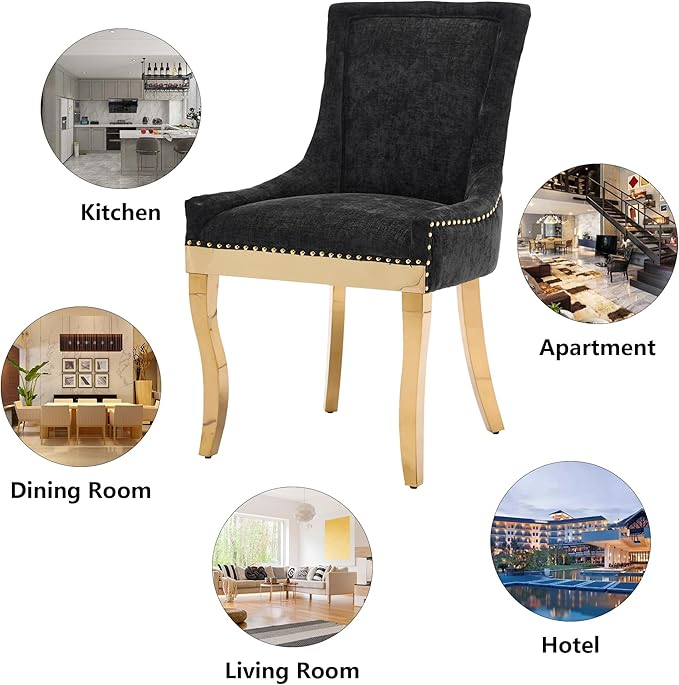 Luxury Fabirc Upholstered Dining Chairs Set of 4,Neutral Chenille Kitchen Room Chair with Nailhead Trim,4 Piece Modern Side Chairs for Dining Room,Living Room,Bar (Black-Gold, Set of 4)