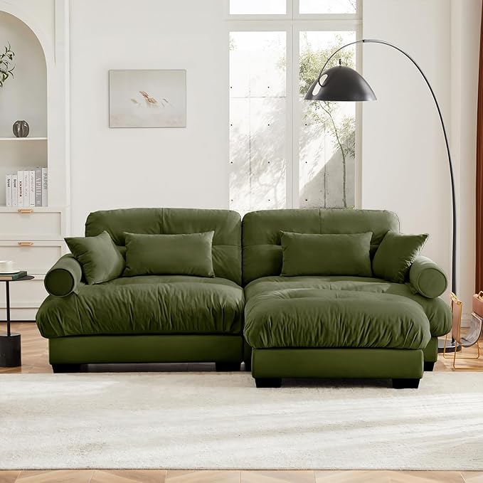 93.7" Loveseat Sofa, 2 Seater Modular Sectional Sofa, Olive Large L Shaped Sectional Couches for Living Room, Fluffy Couch, Love Seat, Velvet Cloud Couch with Ottoman, Deep Seat Sofas for Living Home