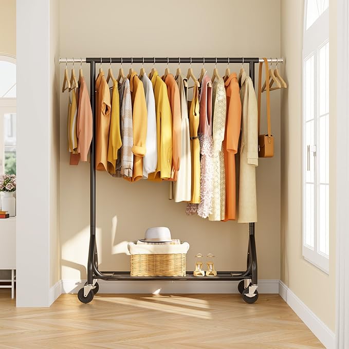 Heavy-Duty 450LBS Capacity Metal Clothes Rack，Rolling Clothing Rack with Wheels & Shelves, Portable Standing Wardrobe Rack for Hanging Clothes, Black