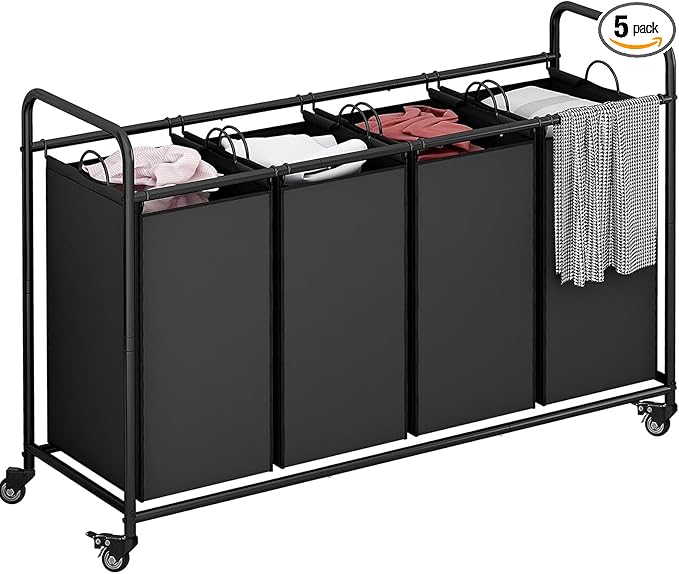 Laundry Sorter 4 Section Hamper Sorter with Heavy Duty Lockable Rolling Wheels Removable Bags Basket Separator for Dirty Clothes Storage,Black