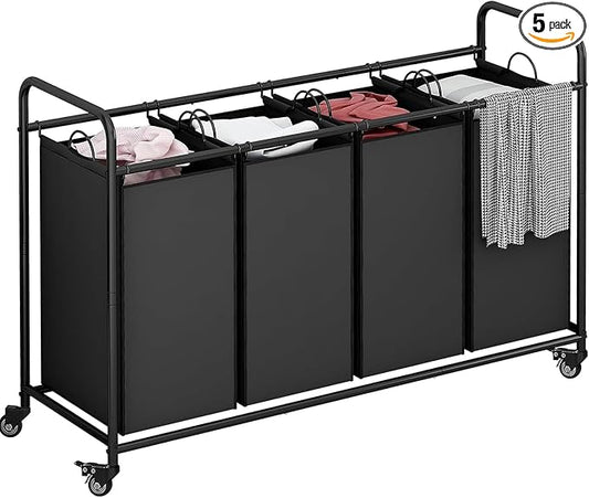 Laundry Sorter 4 Section Hamper Sorter with Heavy Duty Lockable Rolling Wheels Removable Bags Basket Separator for Dirty Clothes Storage,Black