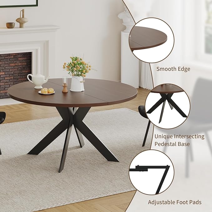 Walnut Round Dining Table Set for 4, Mid-Century Modern Kitchen Table and Chairs, Small Space Dining Room Furniture for Apartment, Breakfast Nook or Studio (Walnut wood-1 Table + 4 Brown Chairs)
