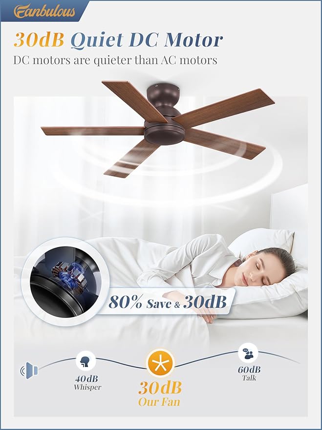 42 Inch Low Profile Ceiling Fan no Lights, Brown Farmhouse Ceiling Fan with Remote, 6-Speeds, Quiet Reversible DC Motor, Indoor/Outdoor Ceiling Fans with Remote for Bedroom, Patio, Living Room