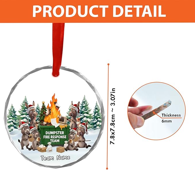 NAZENTI Personalized Funny Donkey Fire Response Team Glass Ornament, Custom Flaming Dumpster Holiday Piece, Coworker Christmas Tree Hanging Decoration