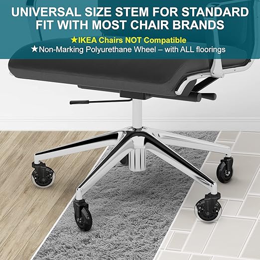 TICONN Office Chair Caster Wheels Set of 5 for Tile, Hardwood Floors and Carpets, Universal Fit for Most Chairs (Transparent)