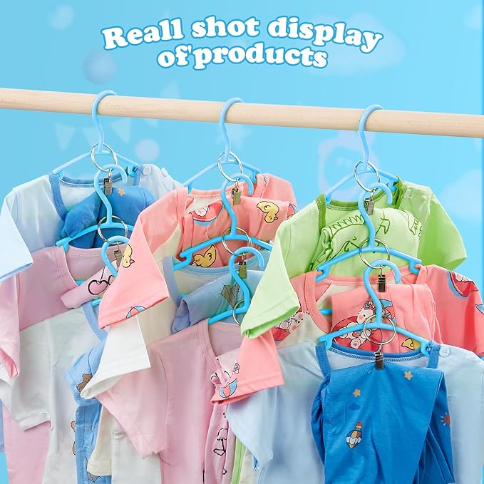 Baby Hangers with Metal Ring Clips, Children Plastic Hanger for Kids Pants Clothes Closet, 20 Pack, Blue