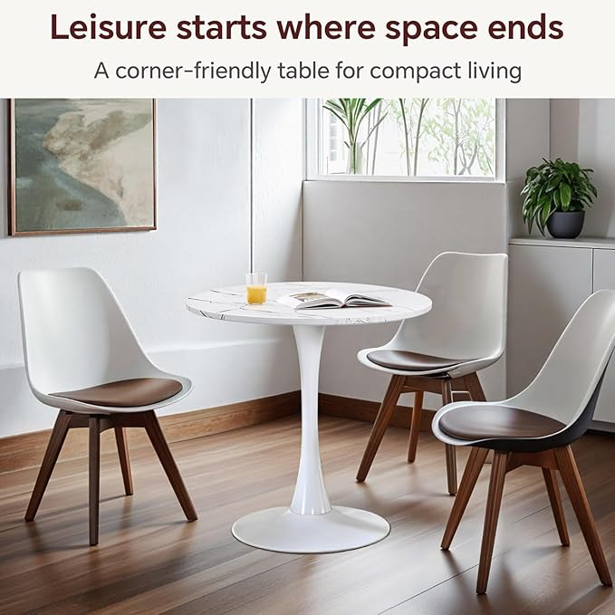 Small Space 27.5 Inch White Faux Marble Round Tulip Dining Table - Mid Century Pedestal Base Kitchen Table for 2-4 People - Easy Assembly & Easy to Clean