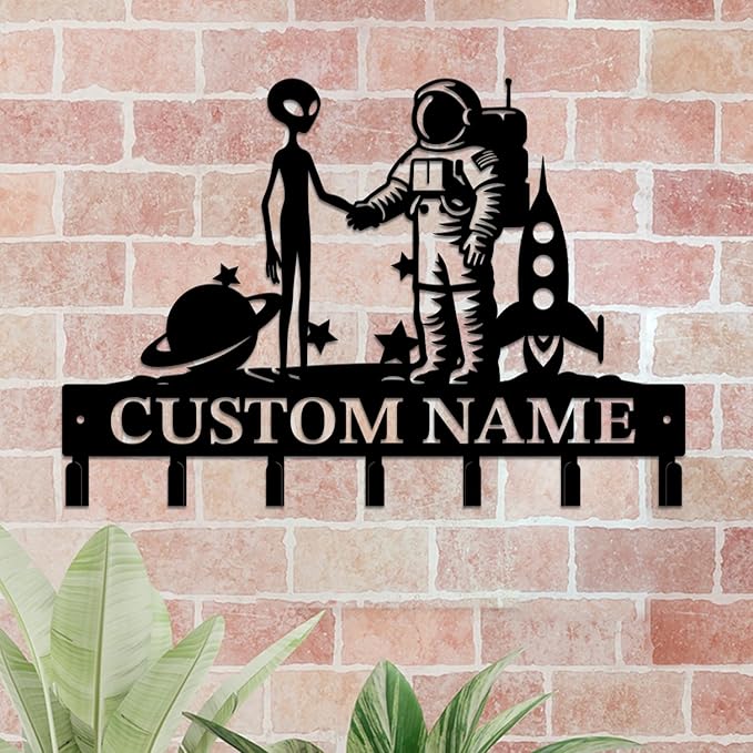Personalized Custom Alien ET Metal Wall Keys Hooks,Clothes Hooks Alien ET Art coat racks,door holder,Black Alien ET decorations for home,Entrance doors,Hallway, Bedroom,Keys,Hats (Style O)
