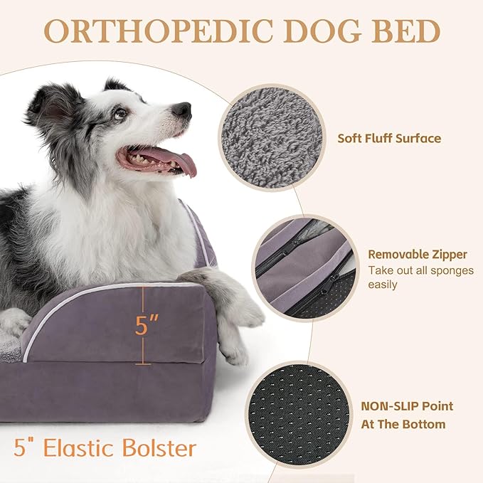 Comfort Expression XXL Waterproof Orthopedic Dog Bed for Extra Large Dogs, Orthopedic Foam Dog Beds, Washable Dogs Sofa Bed with Removable Cover & Non-Slip Bottom(XX-Large,Purple)