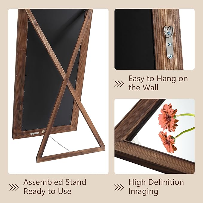 Rustic Floor Full Length Mirror Wood Frame, 56"X21" Farmhouse Free Standing Mirror for Bedroom Living Room Entryway, Hanging or Leaning Wall-Mounted, Tempered Glass, Brown