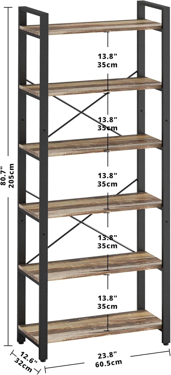 IRONCK Bookshelf 6-Tier Ladder Shelf 110 lbs or Shelf Display Shelf Vintage Industrial Style Bookcase for Home Office, Living Room