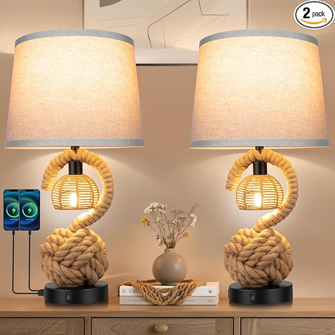 22" Rope Lamps for Night Stands, Dual-Lights Bedside Lamps Set of 2, Boho Table Lamps for Living Room, 3-Color Temperatures Boho Lamp with Rotary Switch, Rattan Lamp with USB Ports, 4 Bulbs Included