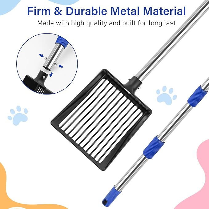 JAMIEWIN Extendable Metal Cat Litter Scoop, Long Handle Litter Sifting Shovel, 21"-39.5" No Bending Back Cat Scooper for Litter Box Heavy Duty Pet Poop Shovel Chicken Poop Scooper