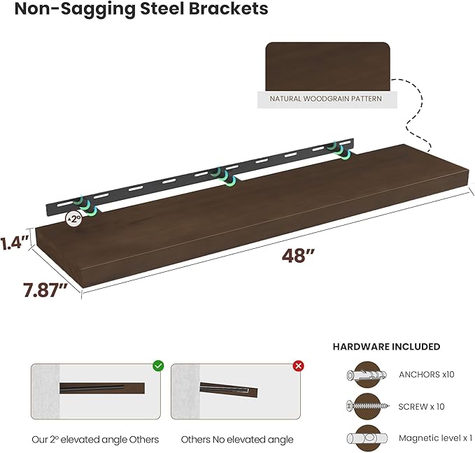 Vivelove Solid Wood Rustic Floating Shelves 36 Inch Long, 8 inch Deep Floating Wall Shelves for Living Room Kitchen Bedroom Bathroom Office, Farmhouse Home Decor, 1 Pack, Dark Walnut, Pine Wood