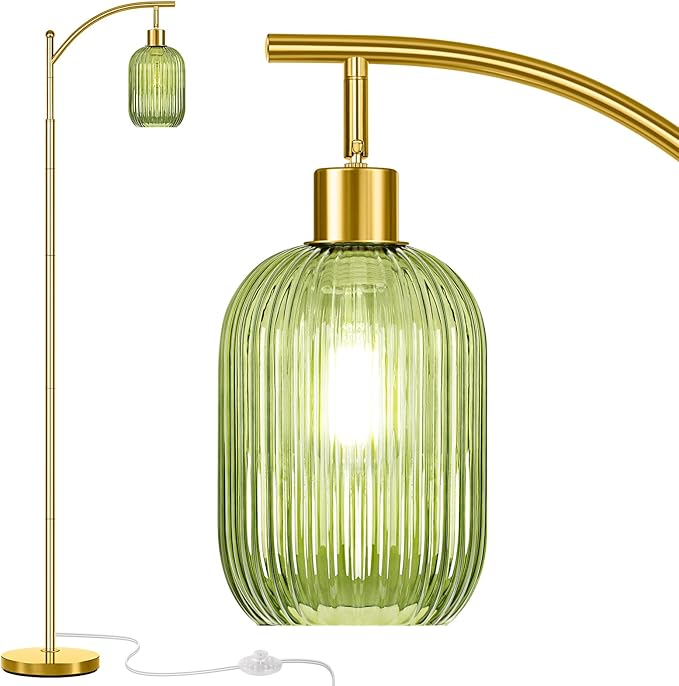 Glass Floor Lamp for Living Room, Modern Green Standing Lamp with Ribbed Glass Lampshade Pedal Switch, 67” Tall Lamp for Bedroom Study Room
