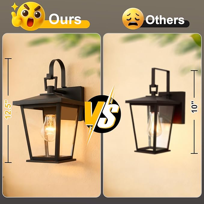 Kalium Outdoor Light Fixtures Wall Mount, Waterproof Exterior Wall Lanterns with Glass, Matte Black, Outside Wall Sconces, Front Porch Lighting for House Garage Doorway Patio 12.5 in