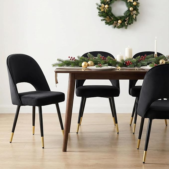 LukeAlon Classic Velvet Dining Chairs Set of 4, Upholstered Open Back Kitchen Chairs with Metal Legs Armless Side Chairs Mid Century Dining Chair for Dining Room, Luxurious Black