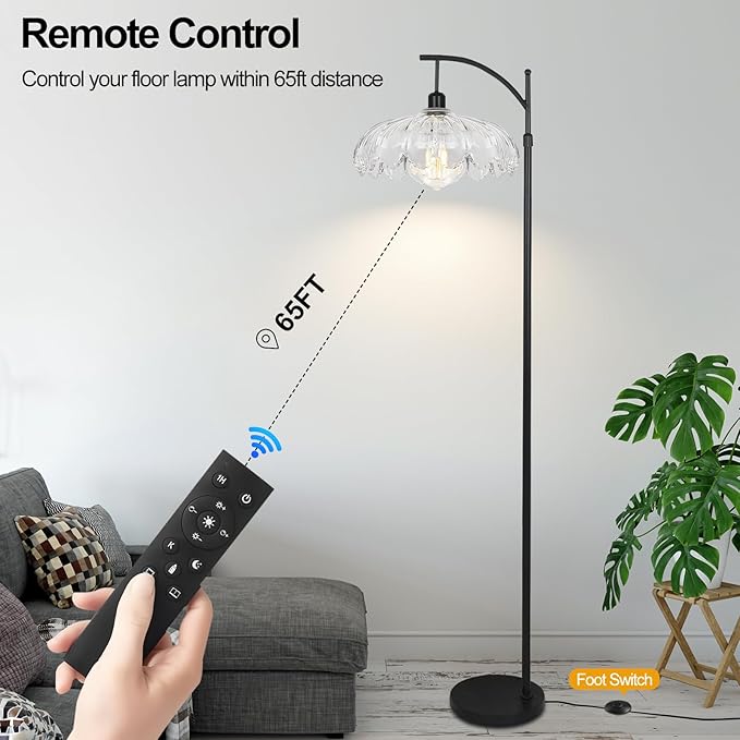 Black Floor Lamp for Living Room Bedroom with Remote,Unique Vintage Standing Tall Lamp,Mid Century Modern Floor Lamps with Dimmable Bulb,Arc Clear Glass Floor Lamps for Office Corner