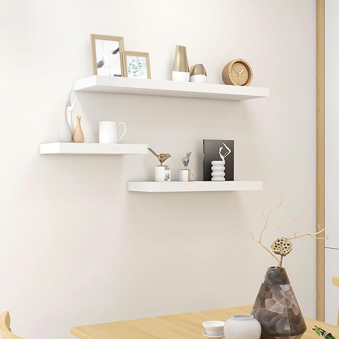 Fun Memories Deep Floating Shelves - 16" W x 9.3" D x 1.6" H Rustic White Wall Shelf - Wall Mounted Shelves for Storage - Wooden Shelves with Invisible Brackets for Living Room, Farmhouse - Set of 2