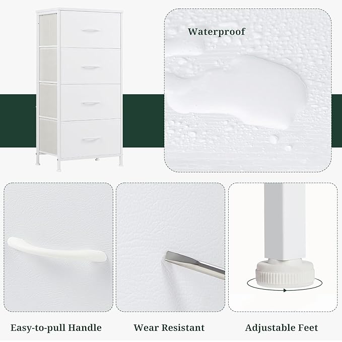 Nightstand, 4 Drawer Dresser End Table Bedside Furniture with Wooden Top Steel Frame Fabric Bins for Bedroom, Closet, Entryway, Dorm, Living Room, White