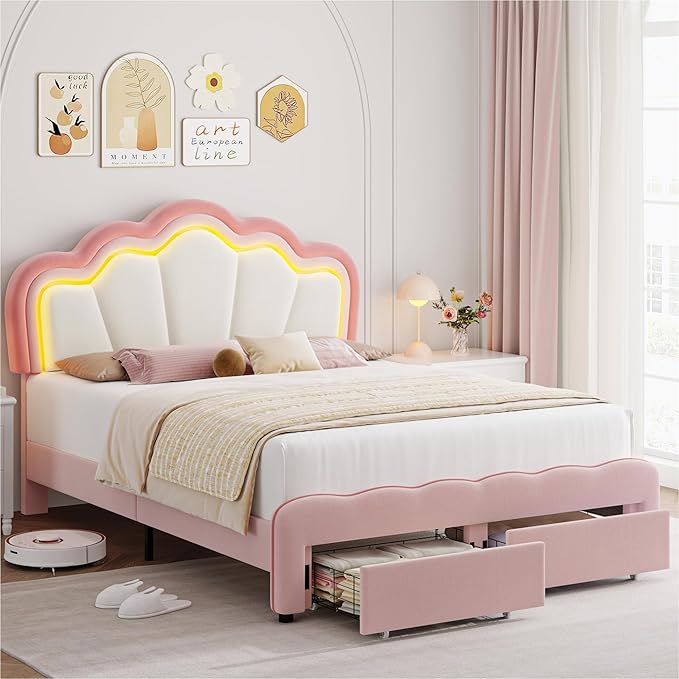 HOSTACK Queen Upholstered LED Bed Frame with Storage Drawers, Cute Girls Bed with Adjustable Lotus Headboard, Velvet Princess Platform Bed Frame, Wooden Slats Support, No Box Spring Needed, Pink/Beige