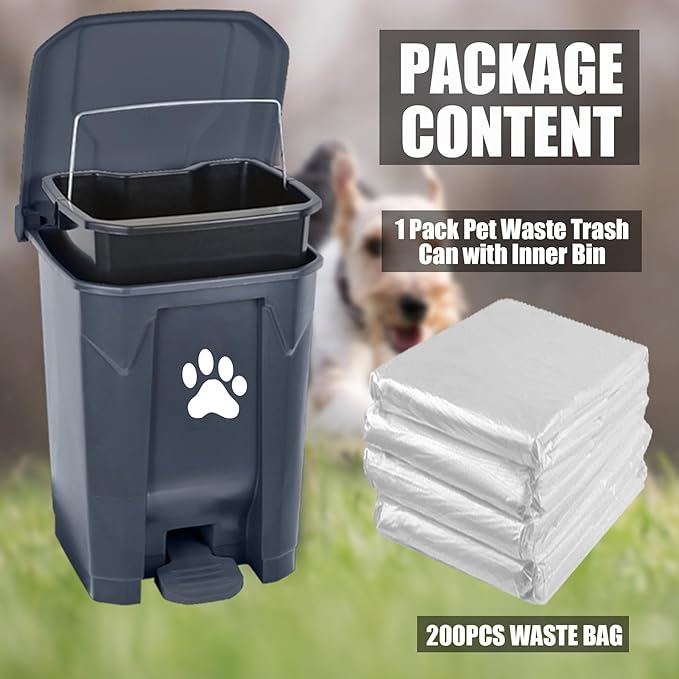 tebiete Dog Poop Trash Can Outdoors Pet Waste Station with Lid Dog Waste Disposal Container with Removable Inner Bin Bucket Hands-Free Pedal Garden Yard Home with Waste Bags, Grey