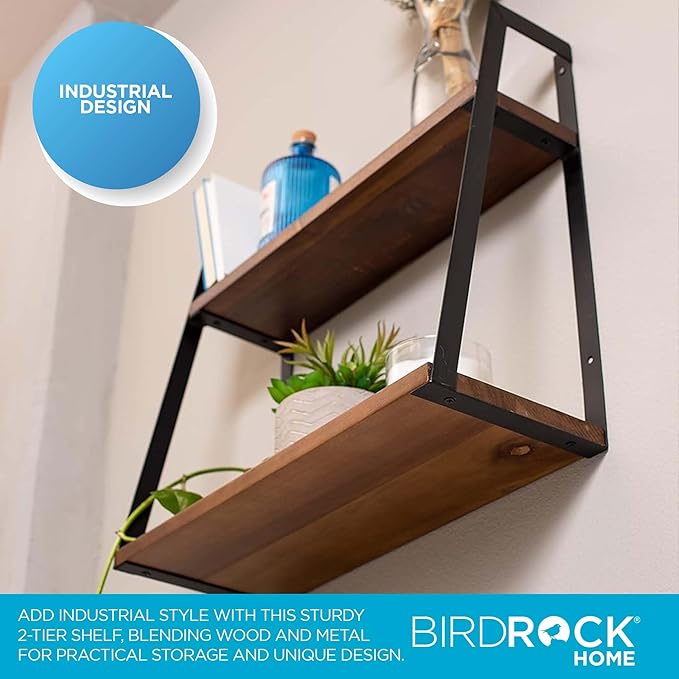 BIRDROCK HOME 2-Tiered Wall Shelf - Wood Metal Floating Wall Shelves - Home Decor - Decorative Hanging Shelves - Rustic Farmhouse - Bathroom Bedroom Living Room