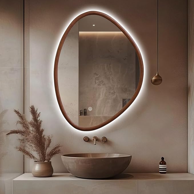 Irregular LED Bathroom Mirror with Lights, 32"x24" Wood Framed LED Vanity Mirror, Anti-Fog Smart Mirror with 3 Colors Dimmable for Living Room Bathroom Entryway, Walnut