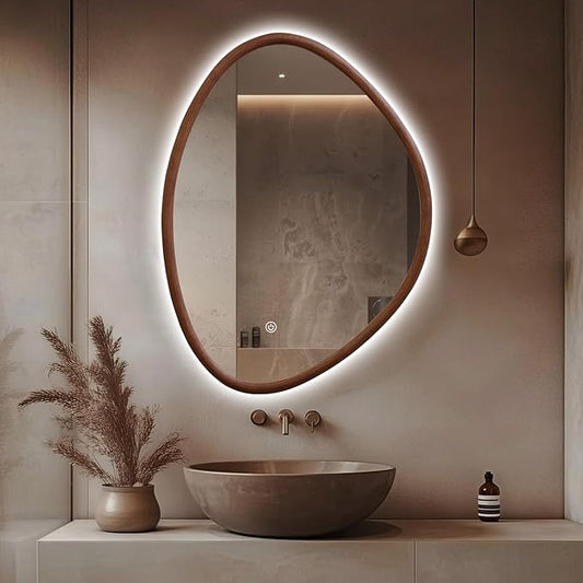 Irregular LED Bathroom Mirror with Lights, 32"x24" Wood Framed LED Vanity Mirror, Anti-Fog Smart Mirror with 3 Colors Dimmable for Living Room Bathroom Entryway, Walnut