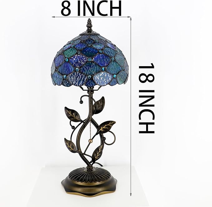 Small Tiffany Lamp Sea Blue Water Ripple Style Stained Glass Table Lamps Desk Bedside Reading Light 8X8X18 Inches with Bronze Metal Leaf Resin Base