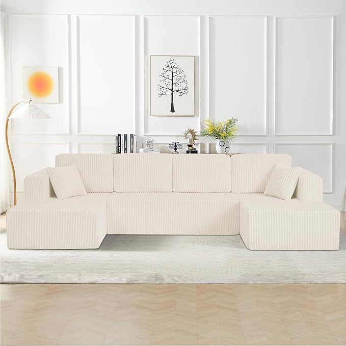 134 Inch Cloud Sectional Couch with L-Shape Chaise,Modern Upholstered Couches with Deep Seat,Corduroy Sponge Compressed Sofa for Living Room,No Assembly Required (Off White, U-Shaped Sofa)
