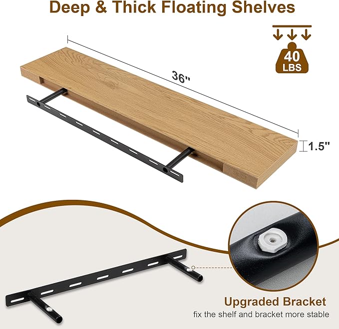 Fun Memories Floating Shelves for Wall, 36Inch Floating Shelves Set of 2, Hanging Shelf with Invisible Brackets, Bathroom Shelves for Living Room, Bedroom, Kitchen- Oak