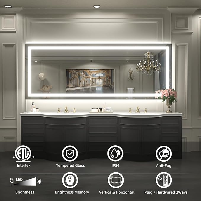 LED Mirror for Bathroom, 84x32 Inch Backlit + Front Lighted Bathroom Vanity Mirror with Lights, Double Light Strips, 3 Colors, Shatter-Proof, Anti-Fog and Brightness Memory