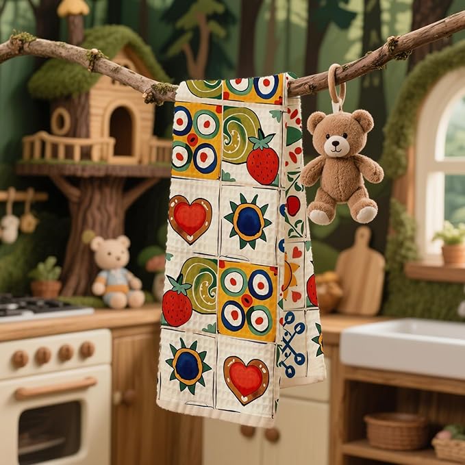 Spanish Kitchen Towels, Mediterranean Colorful Tile - Pattern Waffle Towels 16x24 Inch, Floral & Fruit Dish Towels Decor for Kitchen, Spanish Inspired Hand Towel for Bathroom Decor.