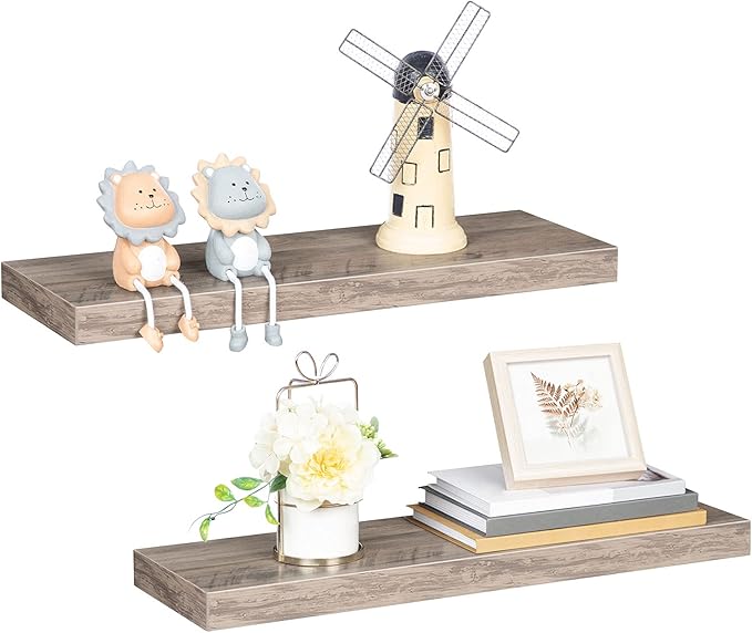 HOOBRO Floating Shelves for Wall, Wall Mounted Shelf Set of 2, 23.6" Hanging Shelf with Invisible Brackets, for Wall in Bathroom, Bedroom, Toilet, Kitchen, Living Room, Office, Greige BG60BJ01G1